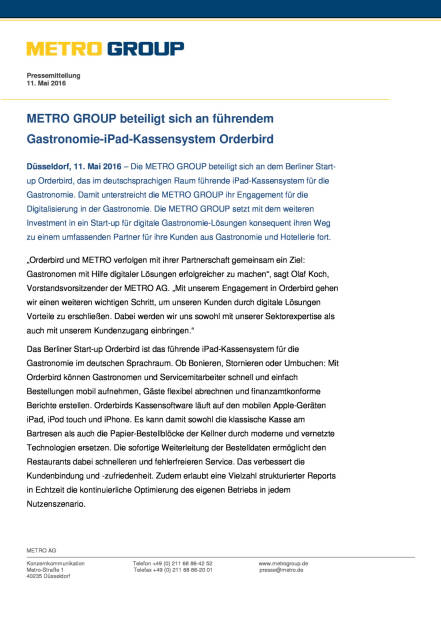 Metro Group beteiligt sich an dem Berliner Start-up Orderbird, Seite 1/2, komplettes Dokument unter http://boerse-social.com/static/uploads/file_1033_metro_group_beteiligt_sich_an_dem_berliner_start-up_orderbird.pdf (11.05.2016) 