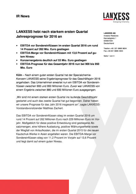 LANXESS, Seite 1/4, komplettes Dokument unter http://boerse-social.com/static/uploads/file_1037_lanxess_anhebung_jahresprognose_fur_2016.pdf (11.05.2016) 