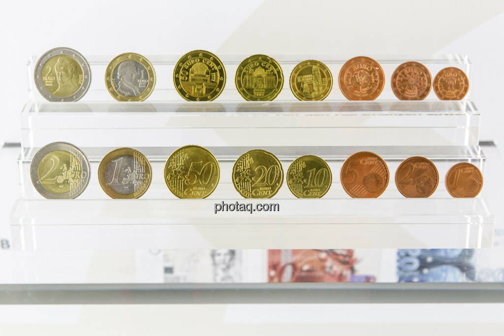 alle österreichischen Euromünzen (Vorder- und Rückseite), von 1 Cent bis 2 Euro, © finanzmarktfoto.at/Martina Draper (15.04.2013) 