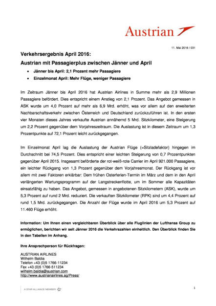 Austrian Airlines: Verkehrsergebnis April 2016, Seite 1/3, komplettes Dokument unter http://boerse-social.com/static/uploads/file_1038_austrian_airlines_verkehrsergebnis_april_2016.pdf (11.05.2016) 