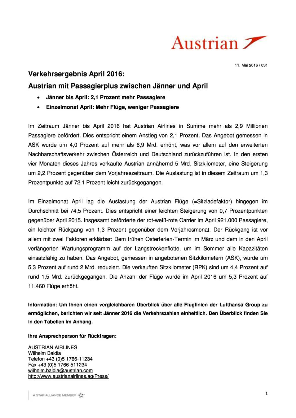 Austrian Airlines: Verkehrsergebnis April 2016, Seite 1/3, komplettes Dokument unter http://boerse-social.com/static/uploads/file_1038_austrian_airlines_verkehrsergebnis_april_2016.pdf