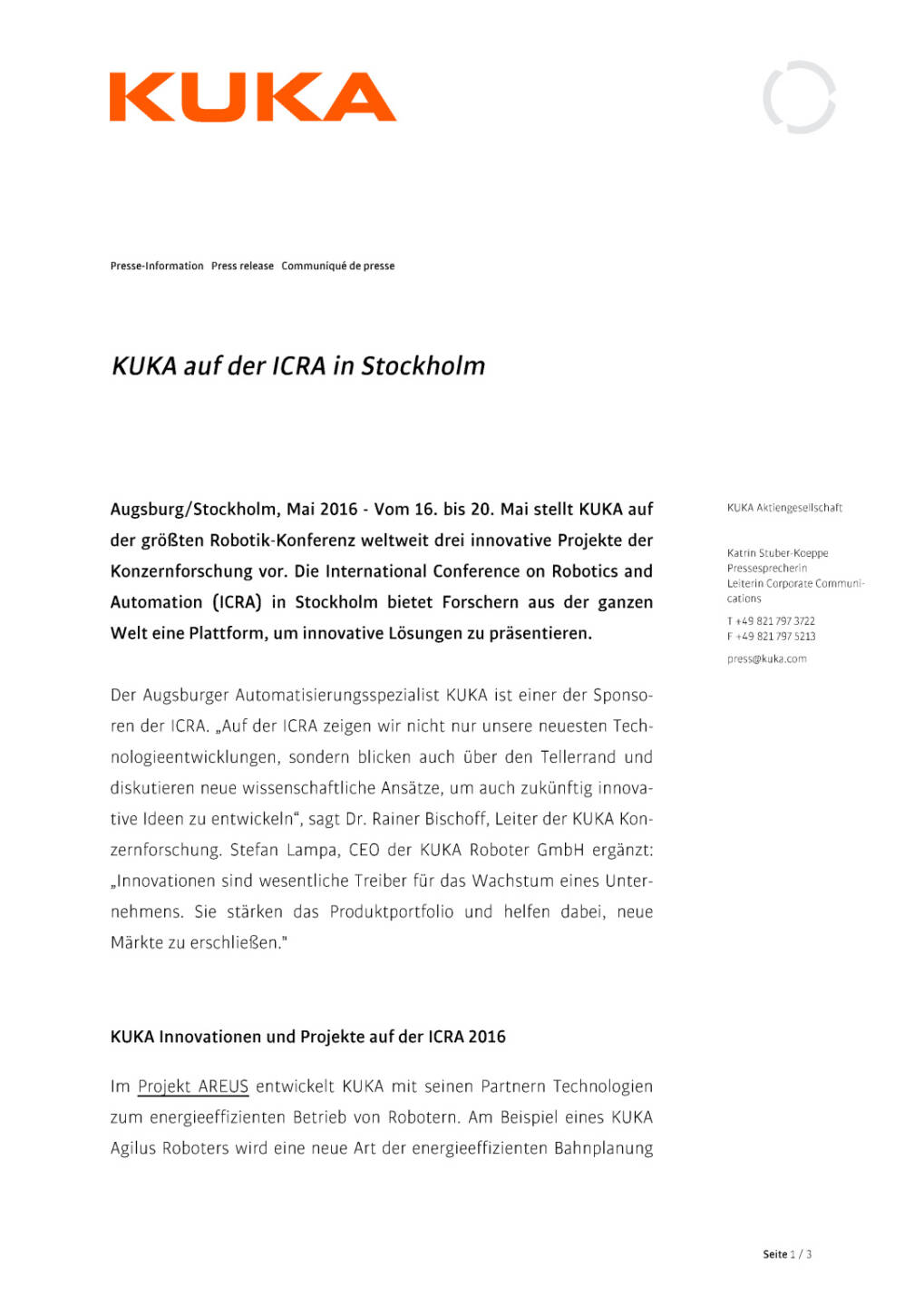 KUKA auf der ICRA in Stockholm, Seite 1/3, komplettes Dokument unter http://boerse-social.com/static/uploads/file_1040_kuka_auf_der_icra_in_stockholm.pdf