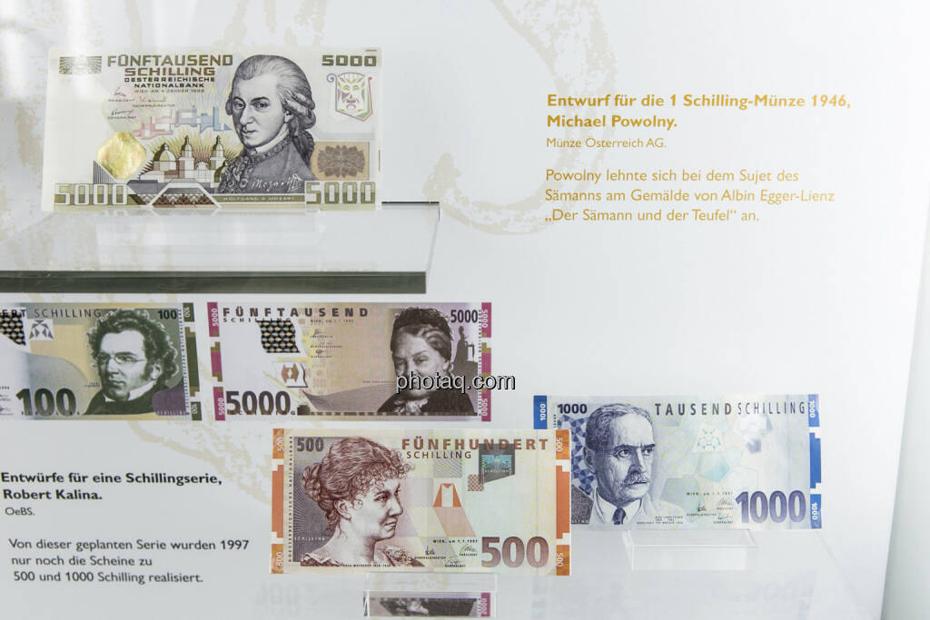 5.000-Schilling-Note aus dem Jahr 1988, Wolfgang Amadeus Mozart, 500- , Rosa Mayreder, und 1.000-Schilling-Note, Karl Landsteiner, aus dem Jahr 1997, © finanzmarktfoto.at/Martina Draper (15.04.2013) 