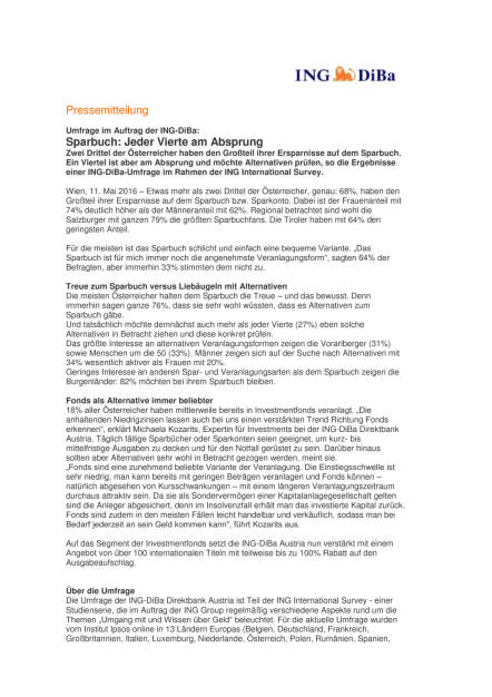 ING-DiBa Umfrage: Sparbuch: Jeder Vierte am Absprung, Seite 1/2, komplettes Dokument unter http://boerse-social.com/static/uploads/file_1042_ing-diba_umfrage_sparbuch_jeder_vierte_am_absprung.pdf (11.05.2016) 