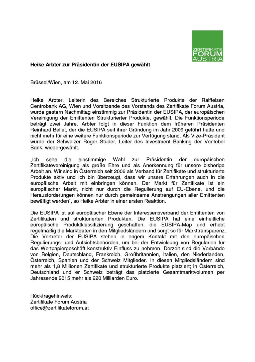 ZFA: Heike Arbter zur Präsidentin der EUSIPA gewählt, Seite 1/1, komplettes Dokument unter http://boerse-social.com/static/uploads/file_1051_zfa_heike_arbter_zur_prasidentin_der_eusipa_gewahlt.pdf