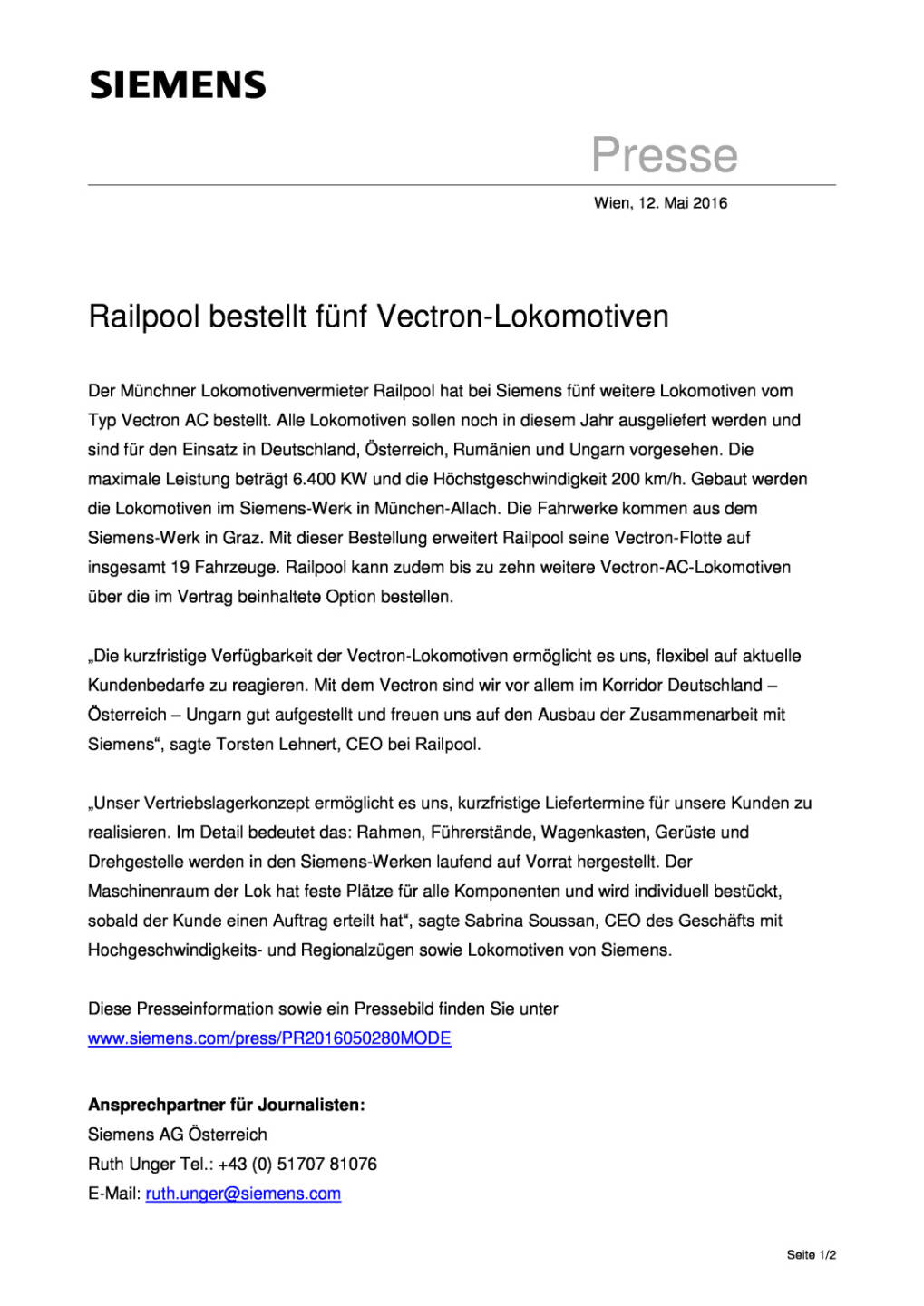 Siemens: Railpool bestellt f&uuml;nf Vectron-Lokomotiven , Seite 1/2, komplettes Dokument unter http://boerse-social.com/static/uploads/file_1055_siemens_railpool_bestellt_funf_vectron-lokomotiven.pdf