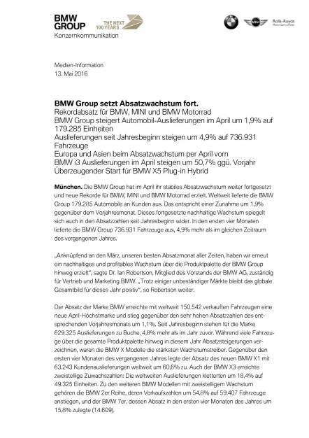 BMW Group setzt Absatzwachstum fort, Seite 1/4, komplettes Dokument unter http://boerse-social.com/static/uploads/file_1057_bmw_group_setzt_absatzwachstum_fort.pdf (13.05.2016) 