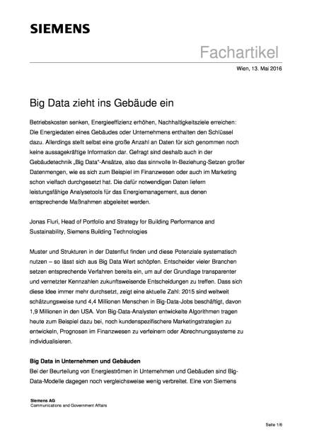 Siemens: Big Data zieht ins Gebäude ein, Seite 1/6, komplettes Dokument unter http://boerse-social.com/static/uploads/file_1060_siemens_big_data_zieht_ins_gebaude_ein.pdf (13.05.2016) 