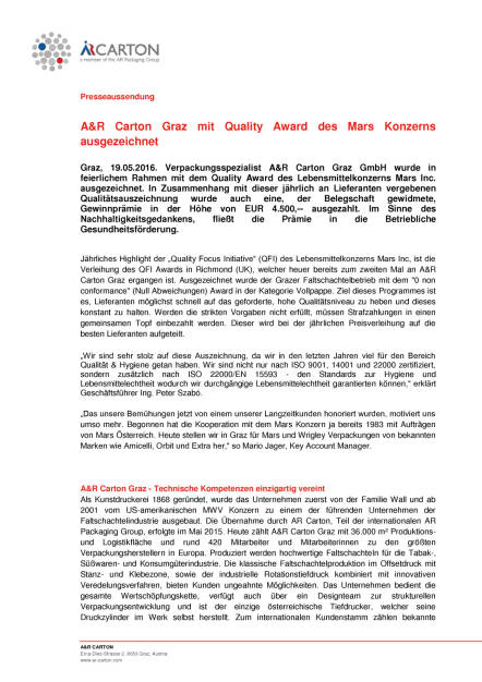 A&R Carton Graz mit Quality Award des Mars Konzerns ausgezeichnet, Seite 1/2, komplettes Dokument unter http://boerse-social.com/static/uploads/file_1093_ar_carton_graz_mit_quality_award_des_mars_konzerns_ausgezeichnet.pdf (23.05.2016) 