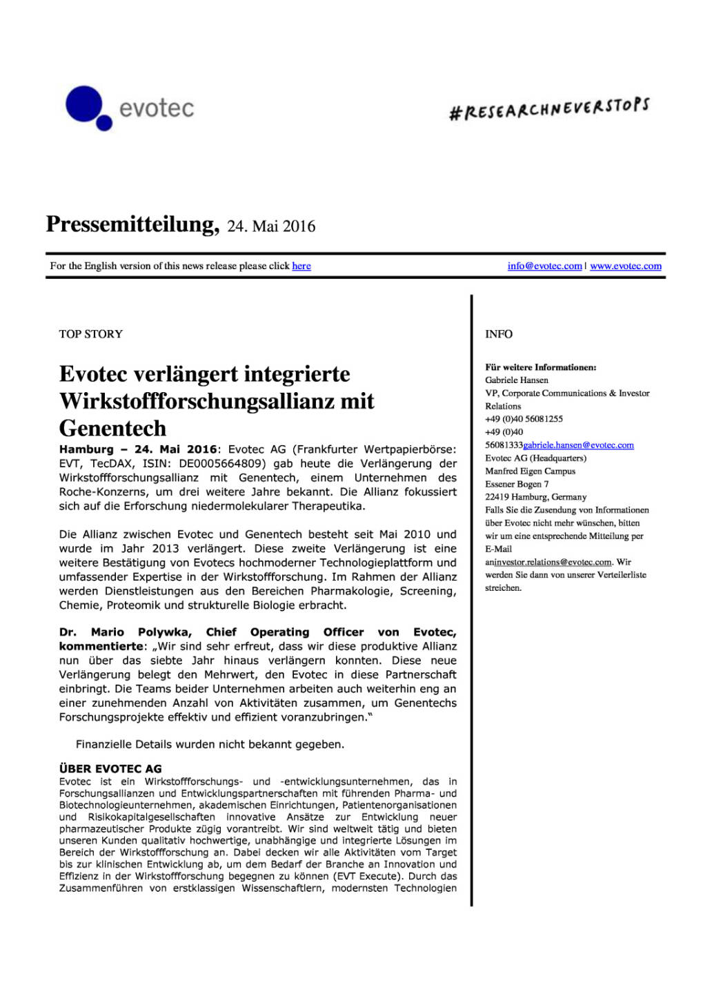 Evotec verl&auml;ngert integrierte Wirkstoffforschungsallianz mit Genentech, Seite 1/2, komplettes Dokument unter http://boerse-social.com/static/uploads/file_1100_evotec_verlangert_integrierte_wirkstoffforschungsallianz_mit_genentech.pdf