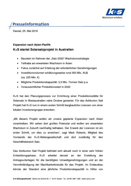 K+S AG startet Solarsalzprojekt in Australien, Seite 1/3, komplettes Dokument unter http://boerse-social.com/static/uploads/file_1109_ks_ag_startet_solarsalzprojekt_in_australien.pdf (25.05.2016) 