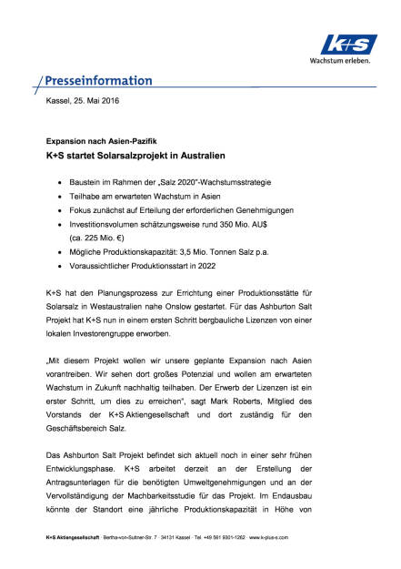 K+S startet Solarsalzprojekt in Australien, Seite 1/3, komplettes Dokument unter http://boerse-social.com/static/uploads/file_1110_ks_startet_solarsalzprojekt_in_australien.pdf (25.05.2016) 