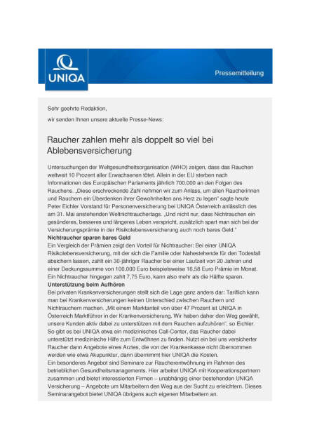 Uniqa: Raucher zahlen mehr bei Ablebensversicherung, Seite 1/2, komplettes Dokument unter http://boerse-social.com/static/uploads/file_1121_uniqa_raucher_zahlen_mehr_bei_ablebensversicherung.pdf (27.05.2016) 