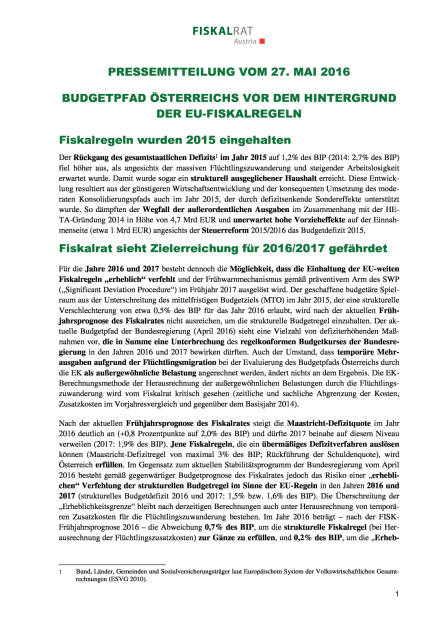 Fiskalrat: „Budgetpfad Österreichs vor dem Hintergrund der EU-Fiskalregeln, Seite 1/2, komplettes Dokument unter http://boerse-social.com/static/uploads/file_1123_fiskalrat_budgetpfad_osterreichs_vor_dem_hintergrund_der_eu-fiskalregeln.pdf (27.05.2016) 