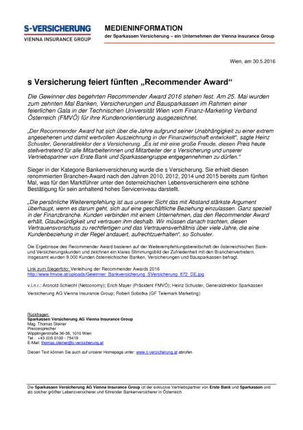 s Versicherung feiert fünften „Recommender Award“, Seite 1/1, komplettes Dokument unter http://boerse-social.com/static/uploads/file_1128_s_versicherung_feiert_funften_recommender_award.pdf (30.05.2016) 
