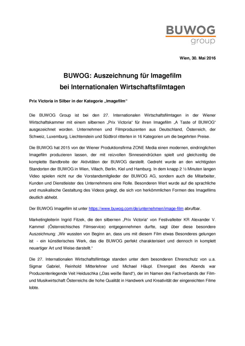 Buwog: Auszeichnung für Imagefilm, Seite 1/2, komplettes Dokument unter http://boerse-social.com/static/uploads/file_1129_buwog_auszeichnung_fur_imagefilm.pdf