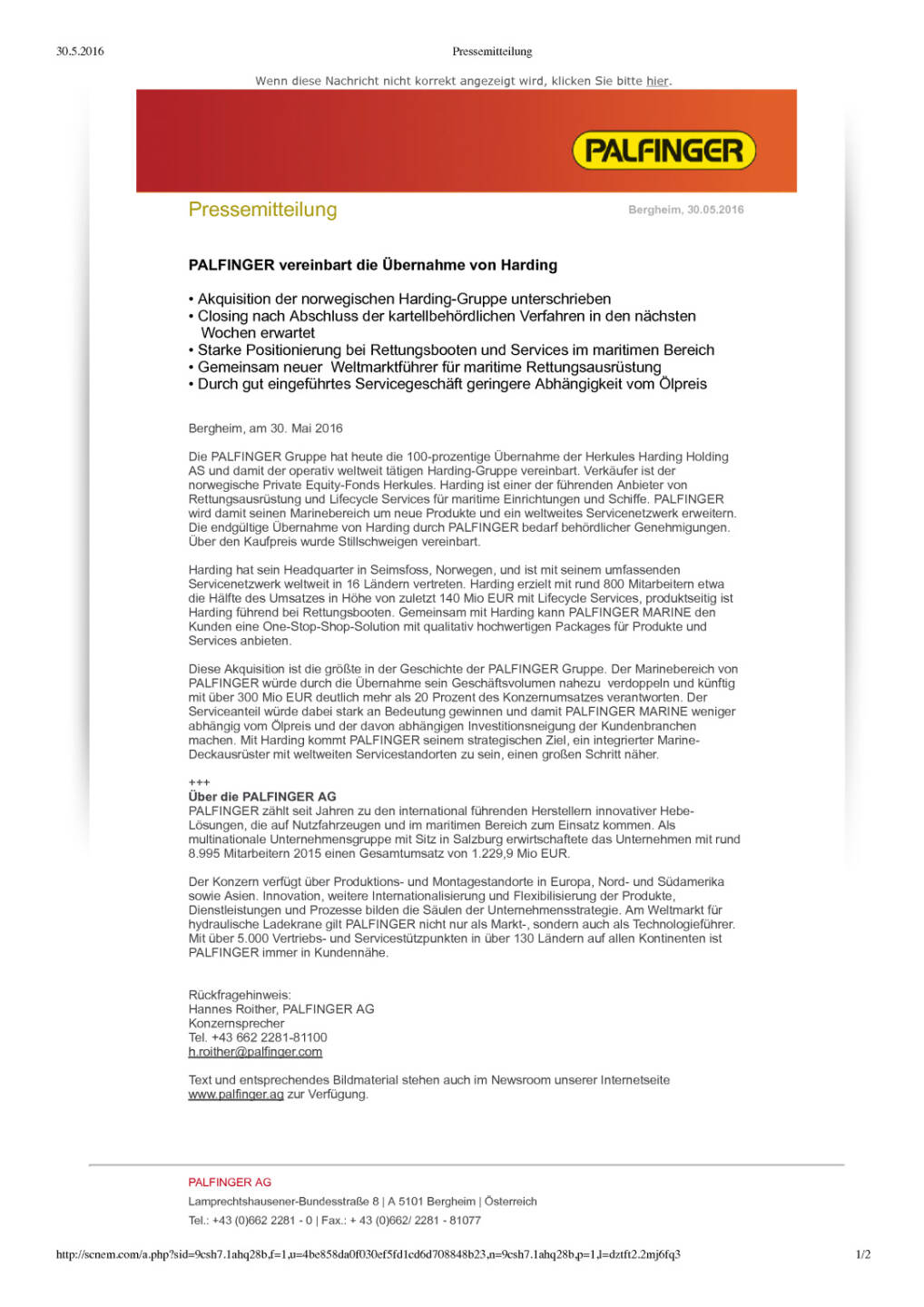 Palfinger vereinbart die &Uuml;bernahme von Harding , Seite 1/2, komplettes Dokument unter http://boerse-social.com/static/uploads/file_1132_palfinger_vereinbart_die_ubernahme_von_harding.pdf