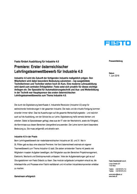 Festo: Lehrlingsteamwettbewerb für Industrie 4.0, Seite 1/3, komplettes Dokument unter http://boerse-social.com/static/uploads/file_1150_festo_lehrlingsteamwettbewerb_fur_industrie_40.pdf (01.06.2016) 