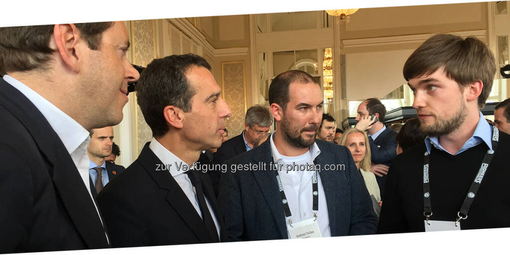 Harald Mahrer (Secretary of State for Economics), Christian Kern (Federal Chancellor),  Andreas Tschas (Founder & CEO Pioneers), Jan Jedlinki (Founder Beavr) : Pioneers Festival 2016 : Photo credit: Lang/Pioneers (02.06.2016) 