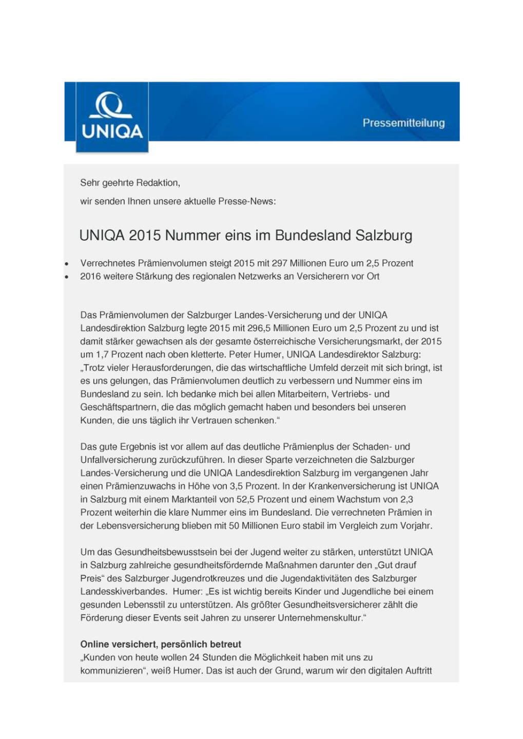 Uniqa: 2015 Nummer eins im Bundesland Salzburg, Seite 1/3, komplettes Dokument unter http://boerse-social.com/static/uploads/file_1164_uniqa_2015_nummer_eins_im_bundesland_salzburg.pdf