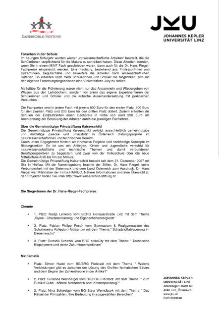 JKU: Dr. Hans Riegel-Fachpreise 2016 an Nachwuchs-WissenschaftlerInnen verliehen, Seite 2/3, komplettes Dokument unter http://boerse-social.com/static/uploads/file_1173_jku_dr_hans_riegel-fachpreise_2016_an_nachwuchs-wissenschaftlerinnen_verliehen.pdf (06.06.2016) 