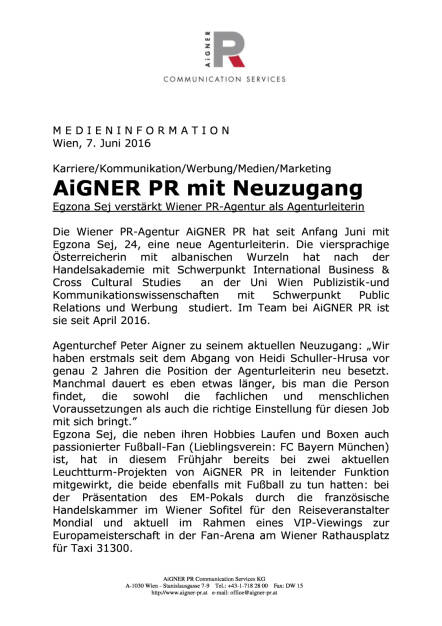 AiGNER PR mit Neuzugang, Seite 1/2, komplettes Dokument unter http://boerse-social.com/static/uploads/file_1176_aigner_pr_mit_neuzugang.pdf (07.06.2016) 