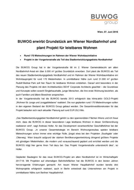 Buwog erwirbt Grundstück am Wiener Nordbahnhof, Seite 1/2, komplettes Dokument unter http://boerse-social.com/static/uploads/file_1177_buwog_erwirbt_grundstuck_am_wiener_nordbahnhof.pdf (07.06.2016) 