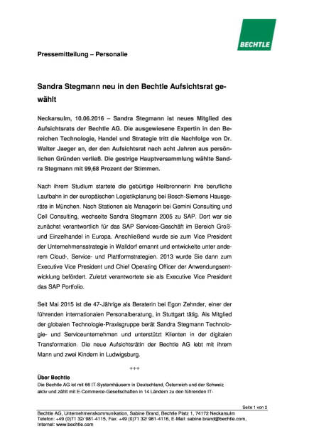 Bechtle AG: Sandra Stegmann in den Aufsichtsrat gewählt , Seite 1/2, komplettes Dokument unter http://boerse-social.com/static/uploads/file_1193_bechtle_ag_sandra_stegmann_in_den_aufsichtsrat_gewahlt.pdf (10.06.2016) 