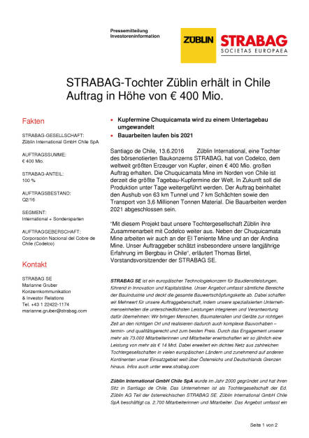 Strabag-Tochter Züblin erhält Auftrag in Chile, Seite 1/2, komplettes Dokument unter http://boerse-social.com/static/uploads/file_1201_strabag-tochter_zublin_erhalt_auftrag_in_chile.pdf (13.06.2016) 