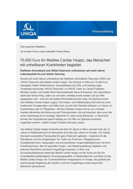 Uniqa Österreich und Raiffeisen Zentralbank unterstützen Mobiles Caritas Hospiz, Seite 1/2, komplettes Dokument unter http://boerse-social.com/static/uploads/file_1206_uniqa_osterreich_und_raiffeisen_zentralbank_unterstutzen_mobiles_caritas_hospiz.pdf (14.06.2016) 