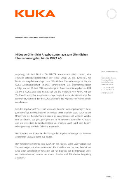 Midea veröffentlicht Angebotsunterlage zum öffentlichen Übernahmeangebot für KUKA AG, Seite 1/2, komplettes Dokument unter http://boerse-social.com/static/uploads/file_1219_midea_veroffentlicht_angebotsunterlage_zum_offentlichen_ubernahmeangebot_fur_kuka_ag.pdf (16.06.2016) 