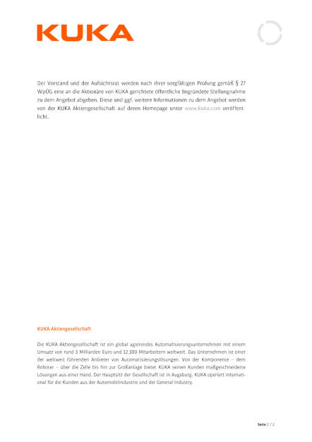 Midea veröffentlicht Angebotsunterlage zum öffentlichen Übernahmeangebot für KUKA AG, Seite 2/2, komplettes Dokument unter http://boerse-social.com/static/uploads/file_1219_midea_veroffentlicht_angebotsunterlage_zum_offentlichen_ubernahmeangebot_fur_kuka_ag.pdf (16.06.2016) 