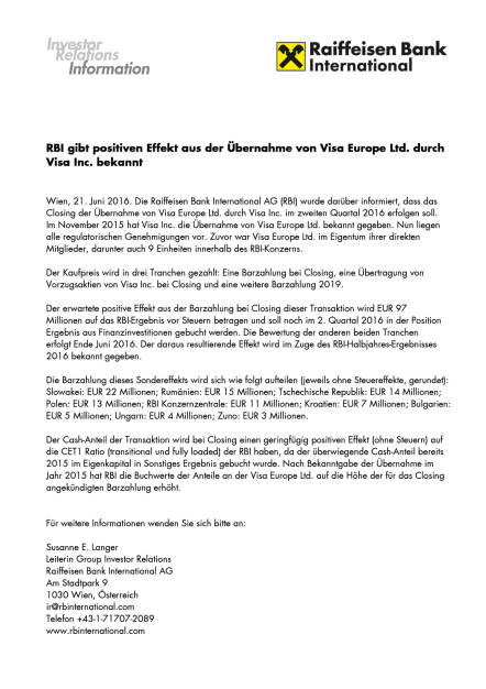 RBI: positiver Effekt aus der Übernahme von Visa Europe Ltd. durch Visa Inc., Seite 1/1, komplettes Dokument unter http://boerse-social.com/static/uploads/file_1238_rbi_positiver_effekt_aus_der_ubernahme_von_visa_europe_ltd_durch_visa_inc.pdf (21.06.2016) 