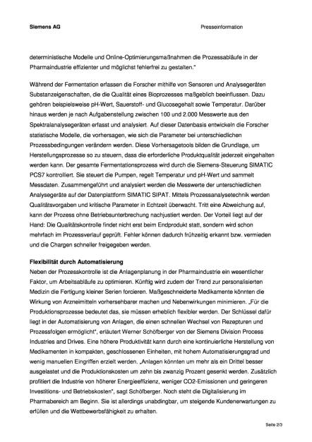 Siemens: Industrie 4.0 Bioprozess-Pilotanlage in Wien, Seite 2/3, komplettes Dokument unter http://boerse-social.com/static/uploads/file_1242_siemens_industrie_40_bioprozess-pilotanlage_in_wien.pdf (21.06.2016) 