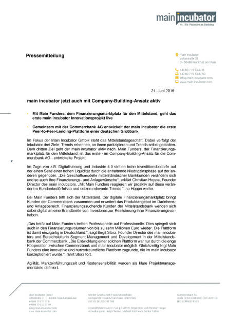 main incubator auch mit Company-Building-Ansatz aktiv, Seite 1/2, komplettes Dokument unter http://boerse-social.com/static/uploads/file_1245_main_incubator_auch_mit_company-building-ansatz_aktiv.pdf (21.06.2016) 
