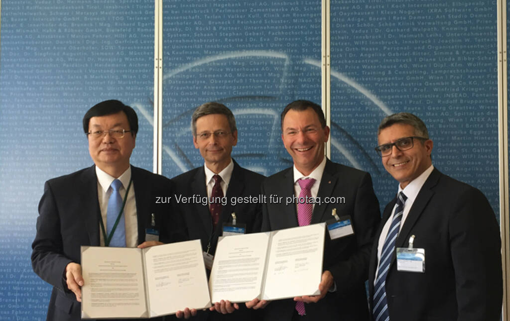 Liao Ching-Jong (Präsident der National Taiwan University of Science and Technology), Felix Wilcek (Bundesministerium für Wissenschaft, Forschung und Wirtschaft), Thomas Madritsch (GF FH Kufstein Tirol), Noureddine Rafili (Leiter des International Relations Office der FH Kufstein Tirol) : Neue renommierte Partnerhochschulen aus Taiwan für die FH Kufstein Tirol : Fotocredit: FH Kufstein Tirol, © Aussendung (22.06.2016) 