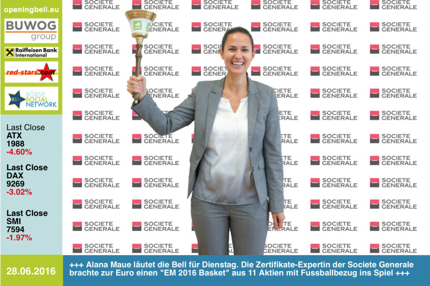 #openingbell am 28.6: Alana Maue läutet die Opening Bell für Dienstag. Die Zertifikate-Expertin der Societe Generale brachte zur Euro einen EM 2016 Basket aus 11 Aktien mit Fussballbezug ins Spiel http://www.sgcib.com http://www.openingbell.eu