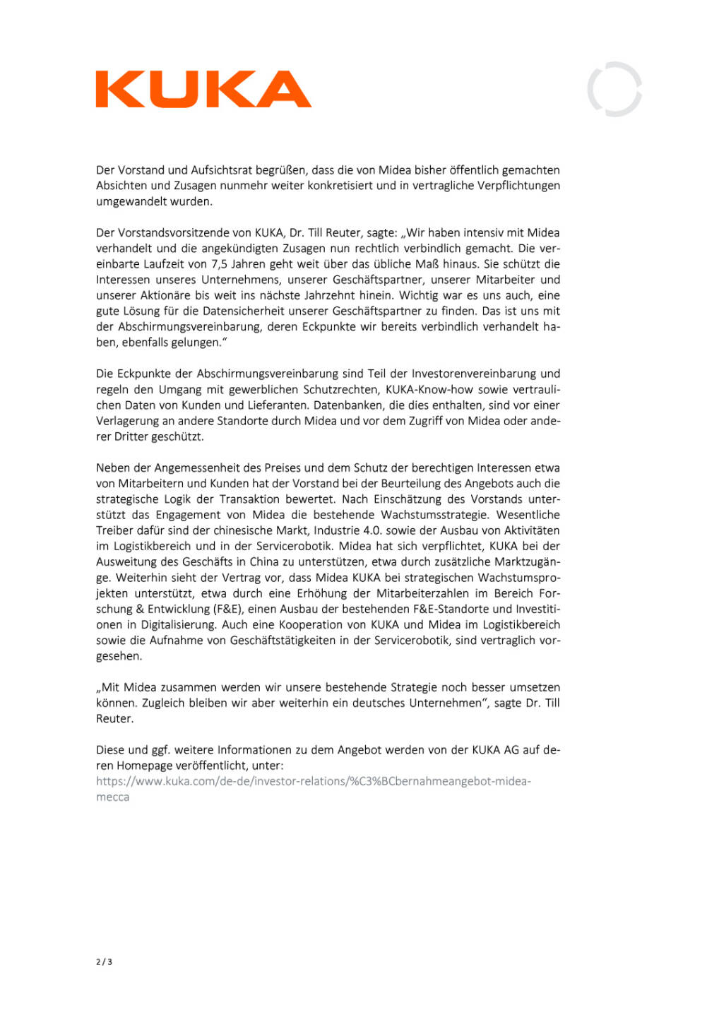 Kuka unterzeichnet Investorenvereinbarung, Seite 2/3, komplettes Dokument unter http://boerse-social.com/static/uploads/file_1287_kuka_unterzeichnet_investorenvereinbarung.pdf
