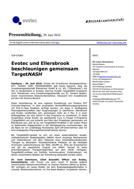 Evotec und Ellersbrook beschleunigen gemeinsam TargetNASH, Seite 1/2, komplettes Dokument unter http://boerse-social.com/static/uploads/file_1289_evotec_und_ellersbrook_beschleunigen_gemeinsam_targetnash.pdf (29.06.2016) 