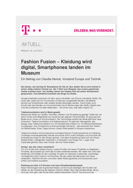 Deutsche Telekom: Fashion Fusion – Kleidung wird digital, Seite 1/2, komplettes Dokument unter http://boerse-social.com/static/uploads/file_1299_deutsche_telekom_fashion_fusion_kleidung_wird_digital.pdf (29.06.2016) 