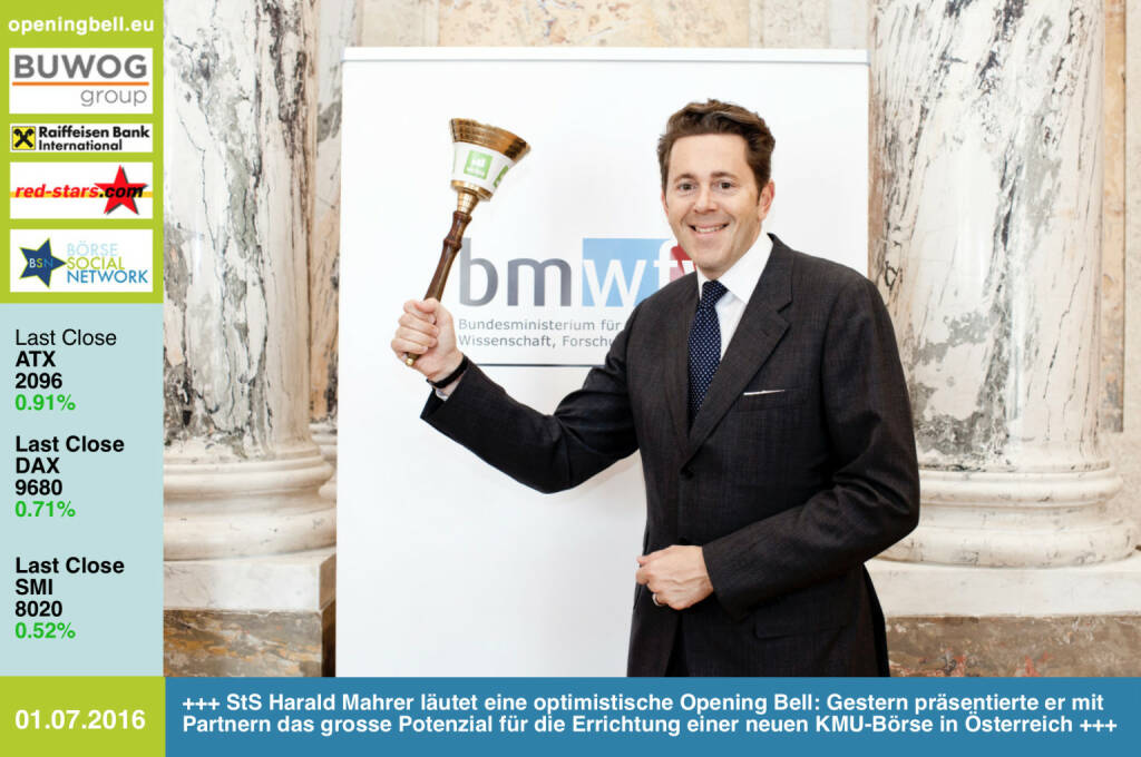 #openingbell am 1.7:  Staatssekretär Harald Mahrer läutet eine optimistische Opening Bell für das 2. Halbjahr: Gestern präsentierte er mit Partnern das grosse Potenzial für die Errichtung einer neuen KMU-Börse in Österreich. Bilder zum Event: http://www.photaq.com/page/index/2593/ (c) Michèle Pauty  (01.07.2016) 