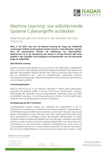 RadarServices: Machine Learning - wie selbstlernende Systeme Cyberangriffe aufdecken, Seite 1/3, komplettes Dokument unter http://boerse-social.com/static/uploads/file_1324_radarservices_machine_learning_-_wie_selbstlernende_systeme_cyberangriffe_aufdecken.pdf (04.07.2016) 