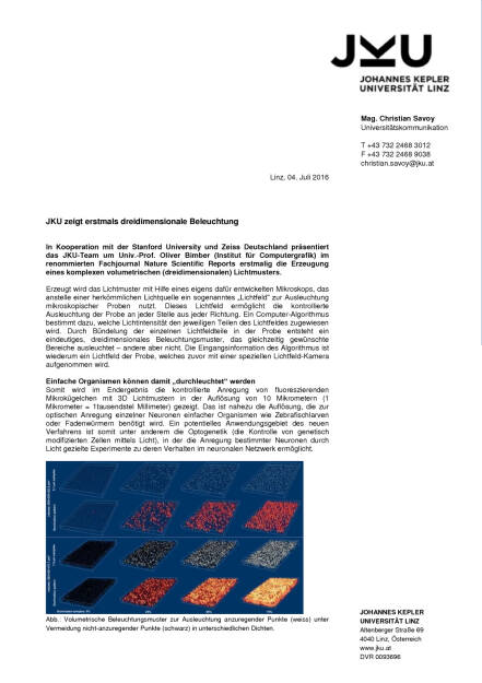 JKU zeigt erstmals dreidimensionale Beleuchtung, Seite 1/2, komplettes Dokument unter http://boerse-social.com/static/uploads/file_1325_jku_zeigt_erstmals_dreidimensionale_beleuchtung.pdf (04.07.2016) 