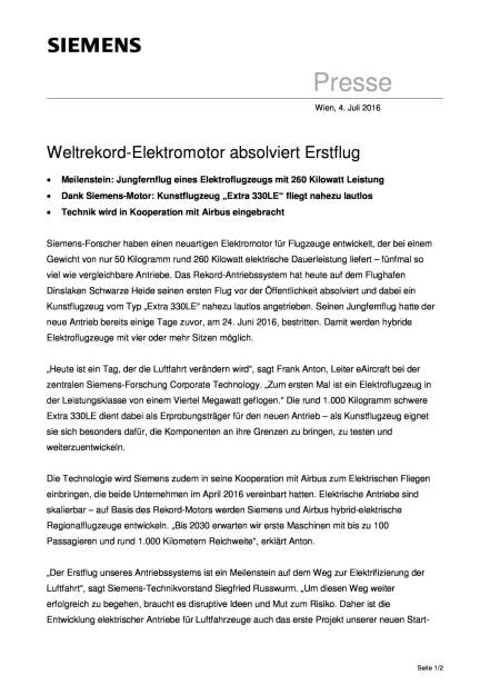 Siemens: Weltrekord-Elektromotor absolviert Erstflug, Seite 1/2, komplettes Dokument unter http://boerse-social.com/static/uploads/file_1330_siemens_weltrekord-elektromotor_absolviert_erstflug.pdf (04.07.2016) 