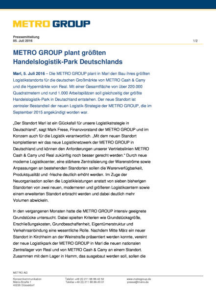 Metro Group plant größten Handelslogistik-Park Deutschlands, Seite 1/2, komplettes Dokument unter http://boerse-social.com/static/uploads/file_1335_metro_group_plant_grossten_handelslogistik-park_deutschlands.pdf (05.07.2016) 