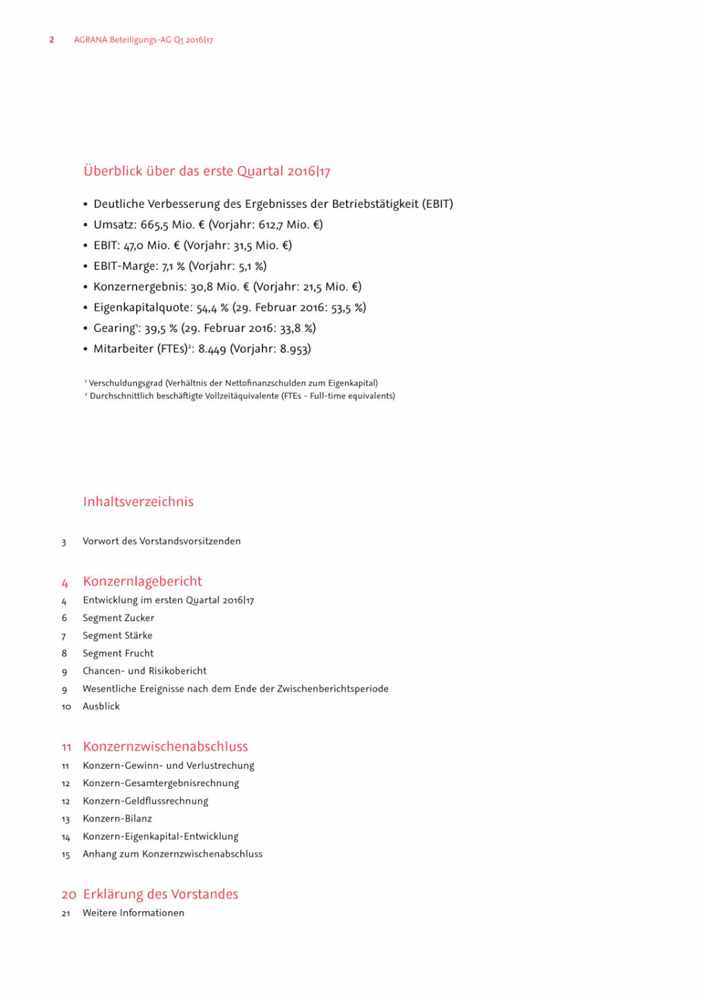 Agrana: Bericht &uuml;ber 1.Quartal 2016|17, Seite 2/21, komplettes Dokument unter http://boerse-social.com/static/uploads/file_1347_agrana_bericht_uber_1quartal_201617.pdf