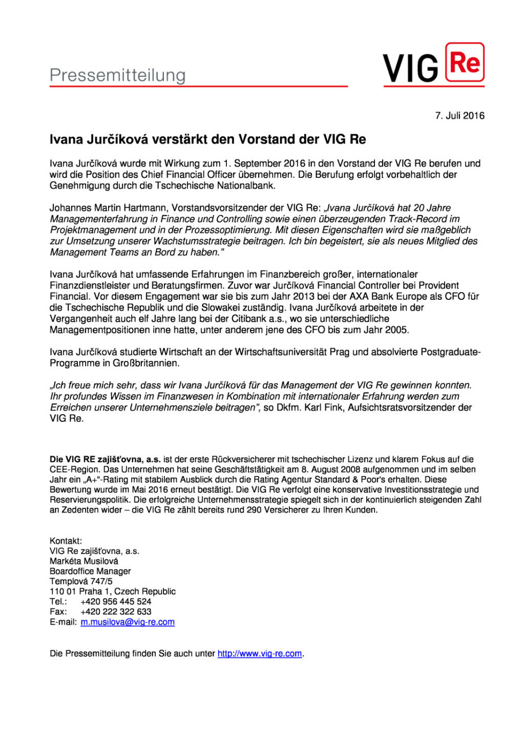 VIG Re: Ivana Jurč&iacute;kov&aacute; verst&auml;rkt den Vorstand, Seite 1/1, komplettes Dokument unter http://boerse-social.com/static/uploads/file_1350_vig_re_ivana_jurčikova_verstarkt_den_vorstand.pdf