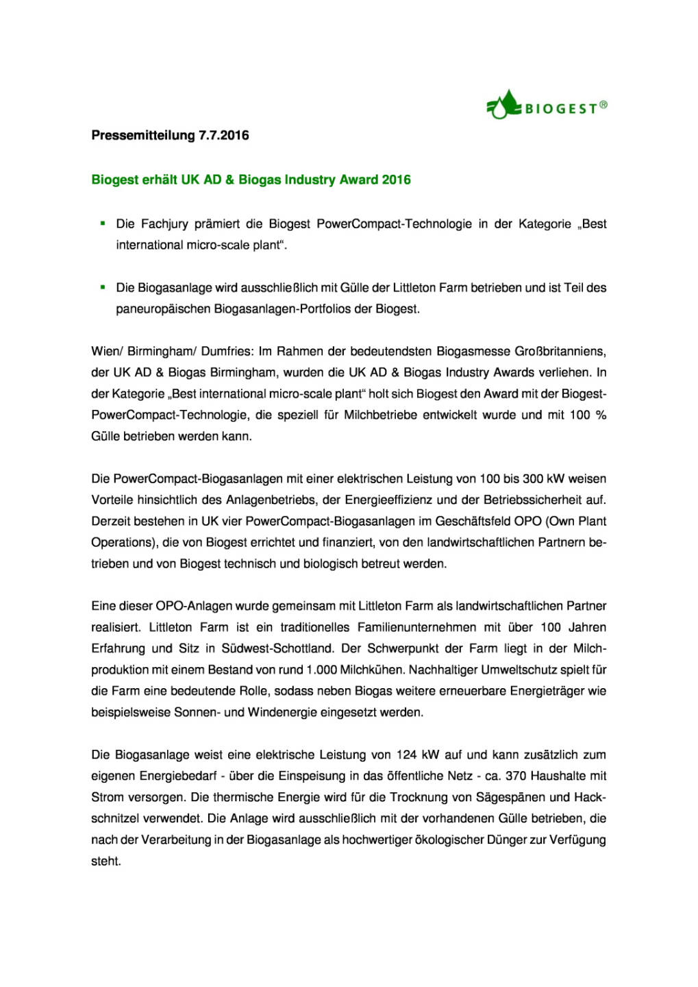 Biogest erh&auml;lt UK AD & Biogas Industry Award 2016, Seite 1/2, komplettes Dokument unter http://boerse-social.com/static/uploads/file_1356_biogest_erhalt_uk_ad_biogas_industry_award_2016.pdf