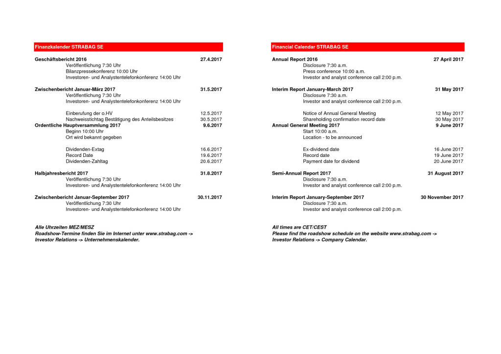 Strabag SE: Finanzkalender 2017, Seite 1/1, komplettes Dokument unter http://boerse-social.com/static/uploads/file_1404_strabag_se_finanzkalender_2017.pdf (13.07.2016) 