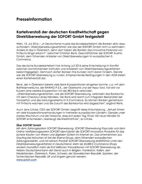 Kartellverstoß der deutschen Kreditwirtschaft gegen Direktüberweisung der Sofort GmbH festgestellt, Seite 1/2, komplettes Dokument unter http://boerse-social.com/static/uploads/file_1403_kartellverstoss_der_deutschen_kreditwirtschaft_gegen_direktuberweisung_der_sofort_gmbh_festgestellt.pdf (13.07.2016) 